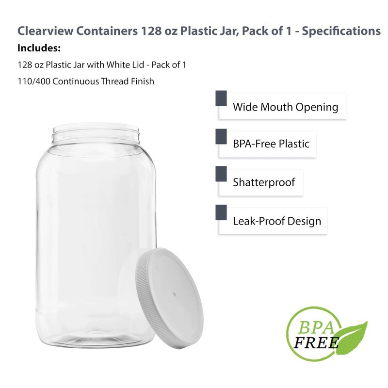 CLEARVIEW CONTAINERS Plastic Storage Shatter Proof Jars with Leak Proof Lids, BPA Free, Hand Wash Only (128oz, 1PK White) - Image 4